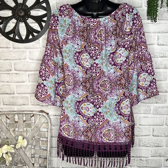 Charming Charlie Boho Hippie Purple Crochet Tassel Fringe Top Shirt Size Small - Picture 6 of 8